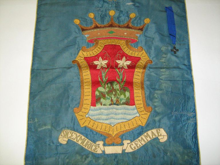 particolare dello stemma dove si evidenziano pieghe e stropicciature